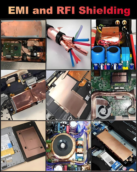 Conductive copper foil tape EMI shielding collage on PCBs and enclosures; copper sheets and components visible.