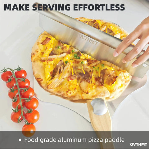 Hand using Sturdy Aluminum Pizza Peel 12 By 14 Inch With Foldable Wood Handle For Easy Sliding Onto Stone Or Oven Racks