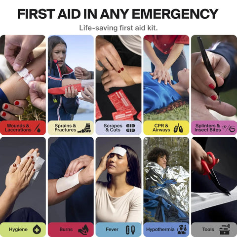 Large Pro First Aid Kit For Car Travel And Home with varied emergency care items illustrated for different injuries.