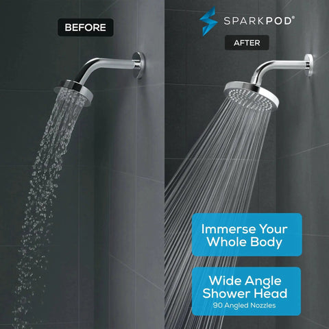 Comparison of before and after install of High Pressure Rain Shower Head 6-Inch Round Chrome With Easy Toolless Install