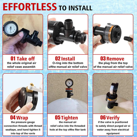 Manual air relief valve with pool filter pressure gauge; installation steps 01–06 shown