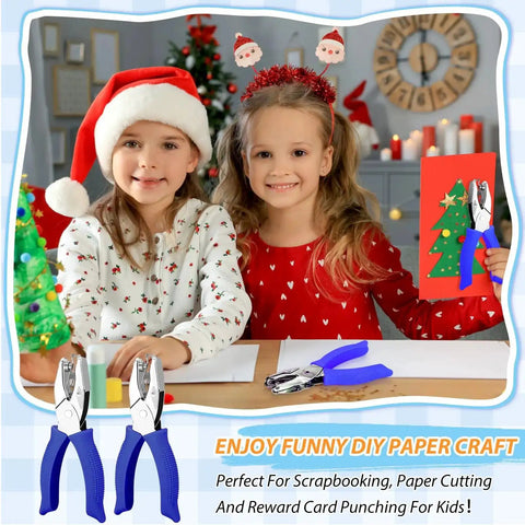 Two Pack Round Hole Punch Set For Scrapbooking And Card Making, Durable Stainless Steel Punchers in Blue, shown with kids crafting.