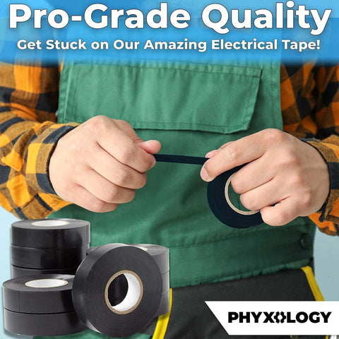 Black electrical tape, 3/4 in wide, 60 ft rolls, UL rated, 10-pack; hands handling tape; PHYXOLOGY logo.
