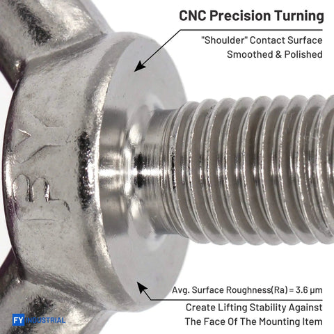 Close-up of Beefed Up Industrial Grade Stainless Steel Lifting Eye Bolts M10 Set Of 5 Forged For Heavy Lifting, High Tensile Strength, JIS B1168 Certified, Proof Load Verified, Durable Eyebolts For Hoisting, Rigging And Machinery Use, showing threaded bolt and polished shoulder.