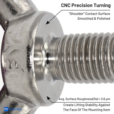 Close-up of Beefy Industrial Grade M8 Stainless Steel Lifting Eyebolts, showing threaded section and polished shoulder surface.