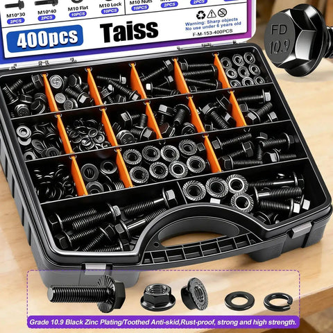 400 Piece Metric Flange Bolt Set With 10.9 Grade M6x1.0 M8x1.25 And M10x1.5 Bolts From 12mm To 45mm Black Zinc Plated in case