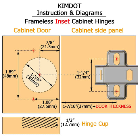 Diagram showing installation of frameless soft close cabinet hinges for inset kitchen cabinets with measurements.