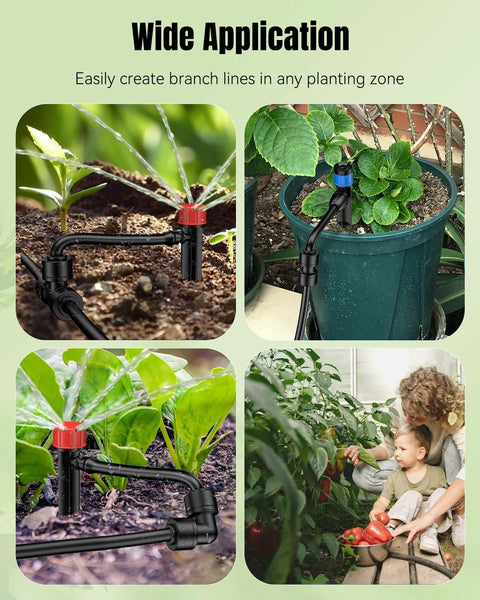 Drip irrigation fittings kit for 1/4 inch tubing, red tee connector with black push-to-fit joints (front view).
Push-to-fit drip line connector installed on potted plant, blue valve cap visible with black fittings.
Close-up of red push-to-fit elbow and black 1/4 inch tubing fitting in a garden bed.
Lifestyle view: family watering tomato plants with Pawfly 1/4 inch drip irrigation fittings.