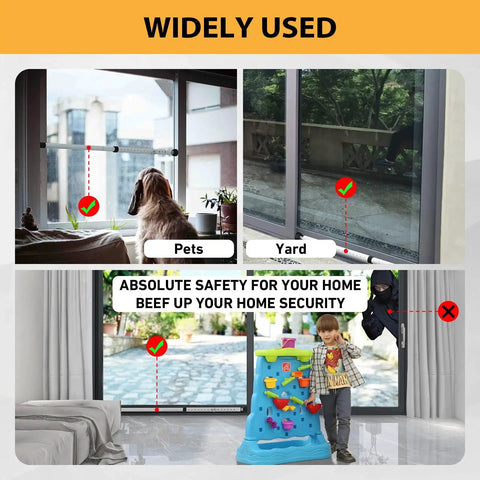 Adjustable Sliding Door Security Bar With Rubber Tips 18.5 To 51 Inches White Multi Use Patio Door And Window Security Bar Strong Steel Construction For Durable Protection Included In A Two Bar Pack, securing various sliding doors and windows with visible rubber tips and steel bars.