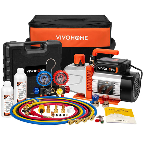 VIVOHOME VG Series AC vacuum pump and gauge kit, 3/4 HP, 7.2 CFM, 2-stage with hoses and case