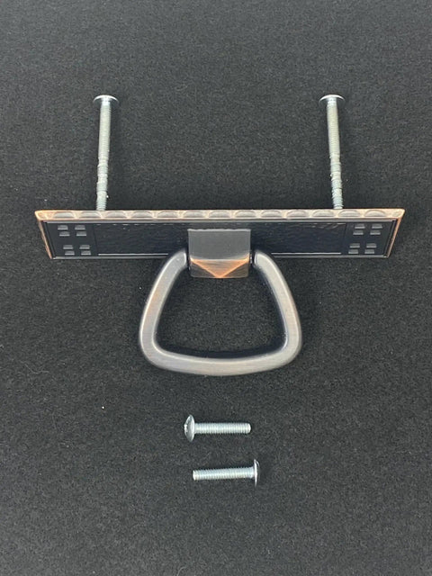 Oil Rubbed Bronze Mission Pull Handle for Cabinets and Furniture, 3 Inch (76mm) Size, shown with screws on black background.