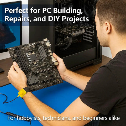 Person using Portable Anti Static ESD Mat Kit For PC Building And Electronics Repair With Wrist Strap at desk.