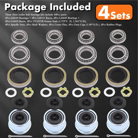 Trailer Hub Bearing Kit For 84 Spindle L68149 L44649 Four Sets Complete Hub Kit With 1.98 Inch Dust Covers, Grease Seals, And Spindle Nuts Fits 3500 Lb Axles EZ Lube Axle And Compatible With 171255TB 10 19, showing all components in package