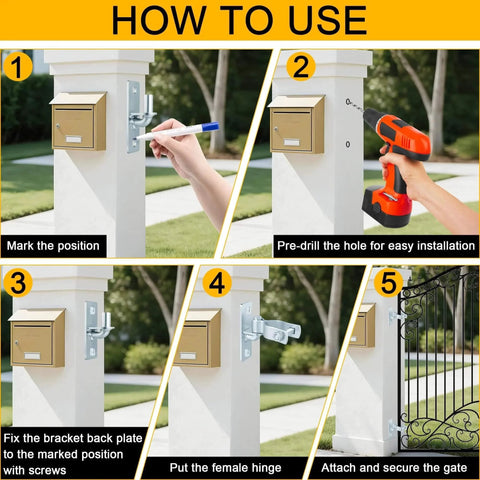 Illustrated installation guide for 2 Pack Heavy Duty Wall Mount Gate Hinges With Screws Rustproof Galvanized Steel For Chain Link Fence And Barn Doors.