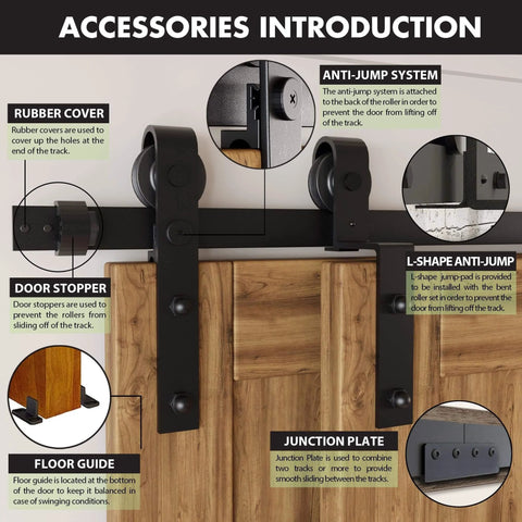 Accessories of Black Rustic Single Track Bypass Sliding Barn Door Hardware Kit for Four Doors 10ft with rollers and guides