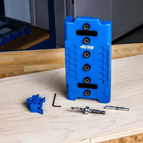 One Quarter Inch Shelf Pin Jig for Cabinets and Furniture with edge aligned precision hole drilling guide and adjustable tool.