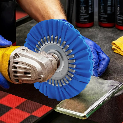 8 Inch Airway Buffing Wheels And 9 Piece Aluminum Polishing Kit For Angle Grinder With 5 Eighth Inch Arbor Hole in use on metal surface