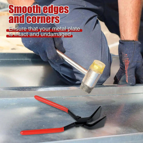 Person using rubber hammer on sheet metal with Set Of 3 Hand Seamers For Sheet Metal Bending And Flattening in foreground