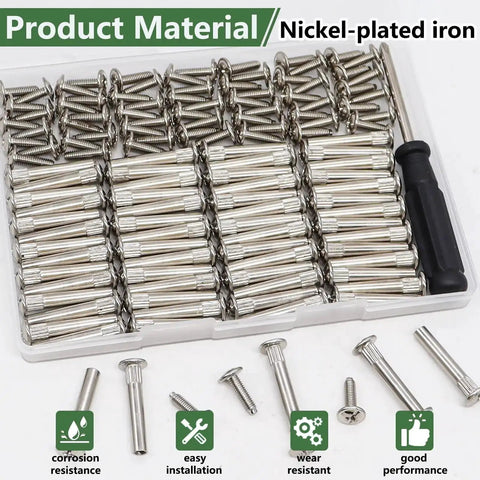 130 Piece M4 Furniture Connector Bolts And Cap Nuts Kit in box, nickel-plated iron, for wood cabinets, panels, doors, bookshelves.