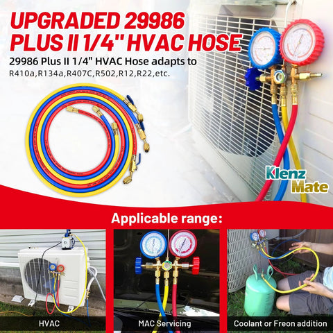 3-pack HVAC refrigerant hoses, 72 in, color-coded yellow red blue, 1/4" flare fittings with compact ball valve, Klenz Mate