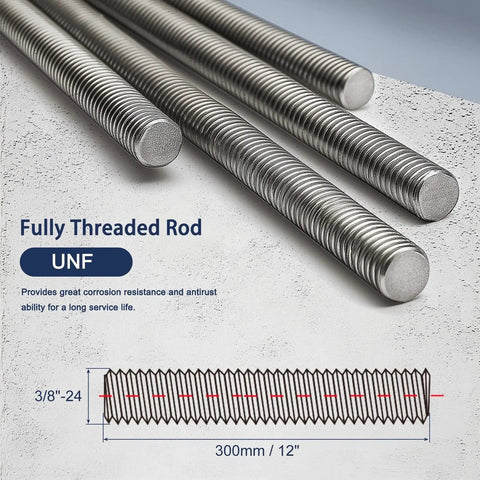 304 Stainless Steel All Thread Rod Three Eighths By Twenty Four Twelve Inches, close-up of threaded rods on a surface