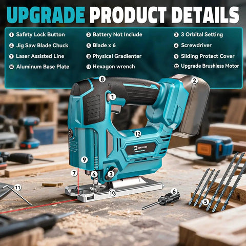 Cordless Jigsaw With Laser Guide For Makita 18V Battery displayed on workbench with 6 blades, showing detailed product features.