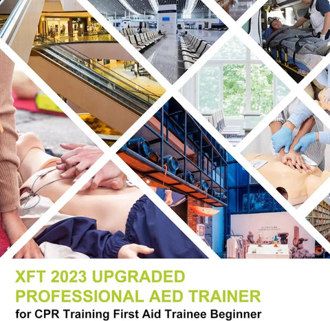 Collage of AED Trainer Pro 120GA XFT Defibrillator Simulator in various training scenarios for CPR and first aid practice.