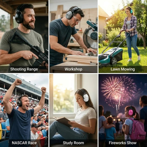 People using 34 dB NRR Hearing Protection Ear Muffs For Loud Events And Sensory Use Ultra Slim And Lightweight Design Grey in various settings