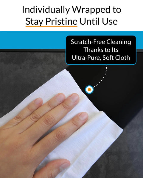 Person using XL Screen Cleaning Wipes For TVs And Monitors Lint Free Streak Free 60 Wipes on a black screen
