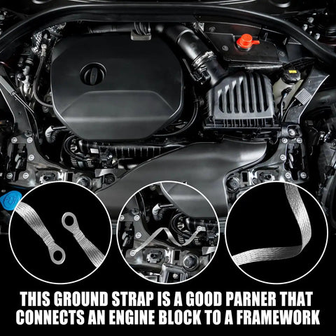 Engine bay with 14 Piece Ground Straps Set For Your Ride, 10 Inch And 12 Inch Engine Ground Strap Kit, and braided copper wires