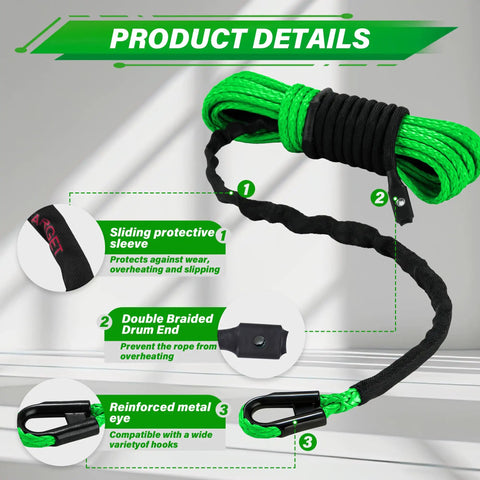 Synthetic Winch Rope Kit For ATV UTV And Off Road Vehicles One Quarter Inch By Fifty Foot 10000 Lbs With Protective Sleeve, showing protective sleeve, braided end, and hook.