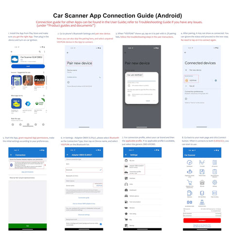 Car Scanner App Connection Guide (Android) showing pairing steps and connected device screen for OBD II Bluetooth Scanner.