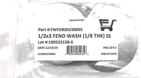 Stainless steel fender washers, 1/2 in ID x 3 in OD, 1/8 in thick, 4-pack