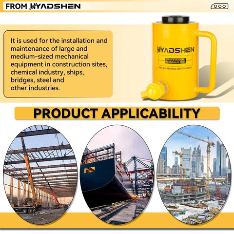 HYADSHEN 30T hydraulic hollow cylinder jack, yellow metal ram, front view