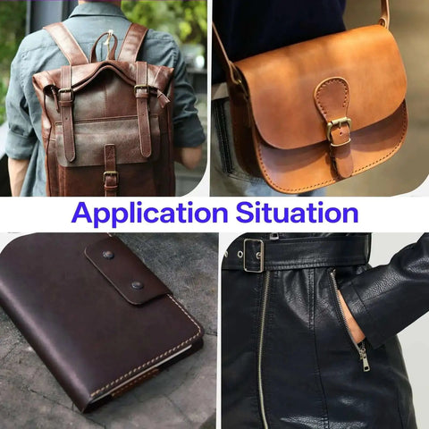 Collage showing leather backpack, handbag, notebook, and jacket made using 14 Size Leather Corner Punch Set With Half Round And Quarter Punches.