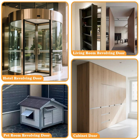 Collage of revolving doors and cabinet showcasing hotel entrance, living room, pet room, and storage solutions.
