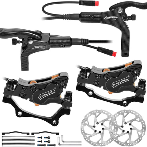 DYISLAND E-Bike hydraulic disc brake set, front and rear, black calipers with 180mm rotors and mounting hardware