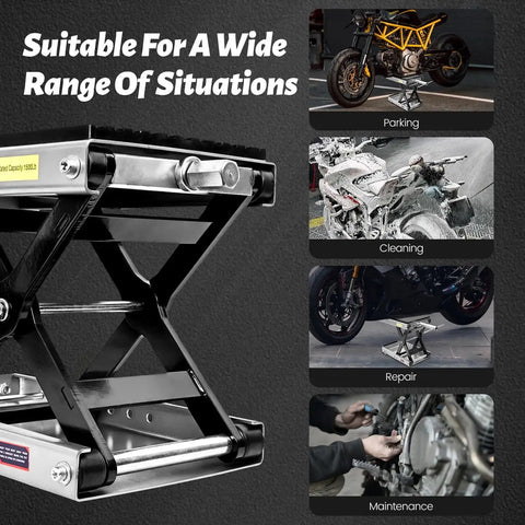 Beefy 1500 Lbs Motorcycle Jack With Thick 0.48 Inch Rubber Pad shown lifting bike for parking, cleaning, repair, maintenance