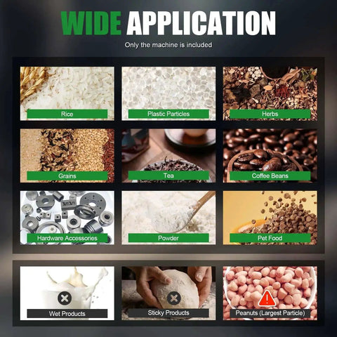 Wide application chart for automatic bottle and bag filling machine with examples: rice, coffee beans, grains, pet food.