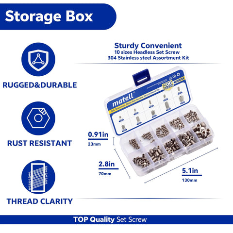200 Piece Stainless Steel Set Screw Kit With Hex Allen Head Grub Screws For Door Handles Bathroom Fixtures And Lighting Pro Grade 304 Stainless Rust Resistant M3 M4 M5 M6 M8 storage box