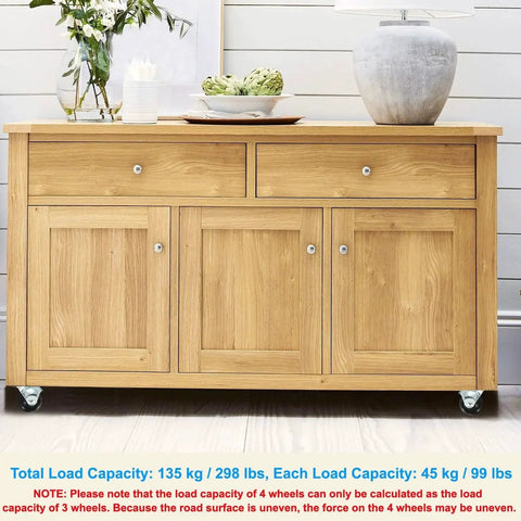 Wooden cabinet on 1.5 Inch Ball Caster Wheels Set Of 4 For Furniture, 360 Degree Swivel Top Plate Casters In Gold Finish.