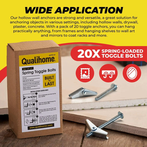 Spring Toggle Bolt Anchors Heavy Duty Wall Anchors For Hollow Walls Stainless Steel Hollow Wall Anchors For Frames Shelves Mirrors 20 Pack Quarter Inch By Three Inch Ideal For Hanging Heavy Frames Shelves And Mirrors In Drywall Without Studs product box and bolt illustrations