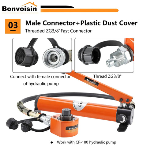 10 Ton Portable Low Profile Hydraulic Cylinder Jack Multi Section 1 Inch Stroke with connectors and plastic dust cover