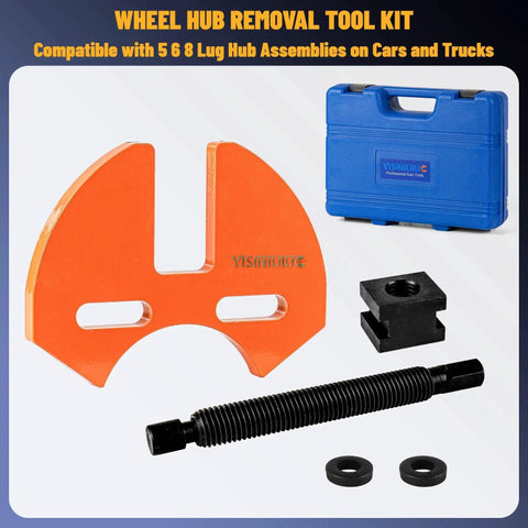 Universal Wheel Hub Removal Tool Set And Bearing Puller For 5, 6 And 8 Lug Hubs on Cars And Trucks with orange puller and black components