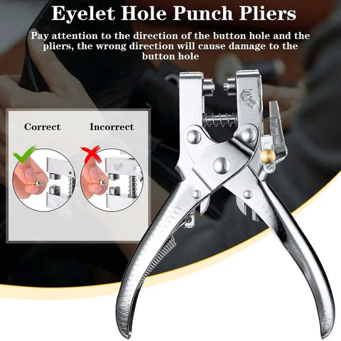 Three Sixteenth Inch Grommet Tool Kit Eyelet Pliers Set with Hole Punch, silver pliers with direction guide.