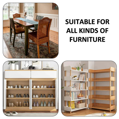 Furniture versatility with dining table, shoe cabinet, and bookshelf, highlighting use of Heavy Duty L Bracket Shelf Braces 3.2 Inch, 4 Pack.