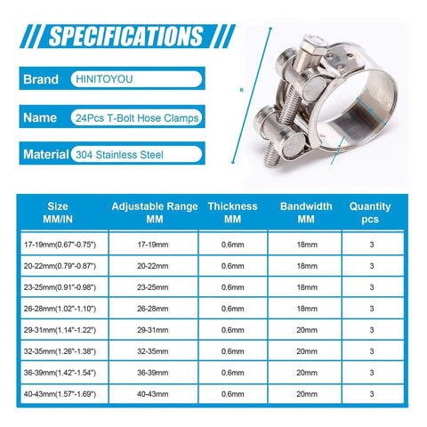 Specifications for 24-Piece T Bolt Hose Clamps Set For Fuel Lines And Intercooler Piping 17-43mm, 304 stainless steel shown.