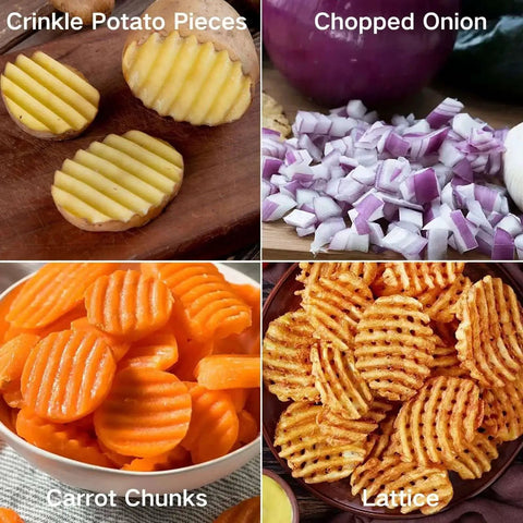 Crinkle Cutter For Veggies And Fries With Stainless Steel Blade Wavy Knife cutting crinkle potato pieces, chopped onions, carrots, waffle fries