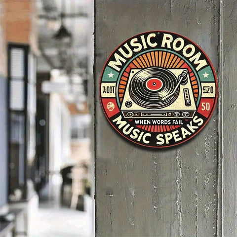 Retro Music Room Sign Featuring Turntable Design Round Aluminum Wall Art For Home Office Cafe And Yard Indoor Outdoor Decor Durable Rust Resistant Metal With Full Surface UV Printing For Bright Long Lasting Colors