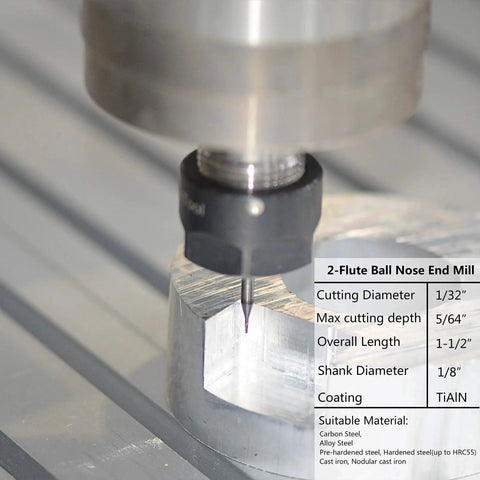Carbide Ball Nose End Mills Set 5Pcs TiAlN Coated Up Cut Spiral Router Bits for CNC milling metal and steel engraving, 1/32" diameter, 1/8" shank, in use on aluminum block.